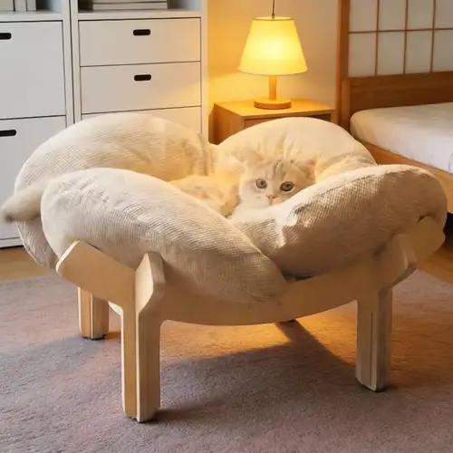 Elevated Cat Bed Wooden with Cushion Fluffy Pet Couch Sofa