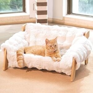 Raised Cat Bed, Elevated Wooden Cats Sofa Fluffy Pets Lounge Chair