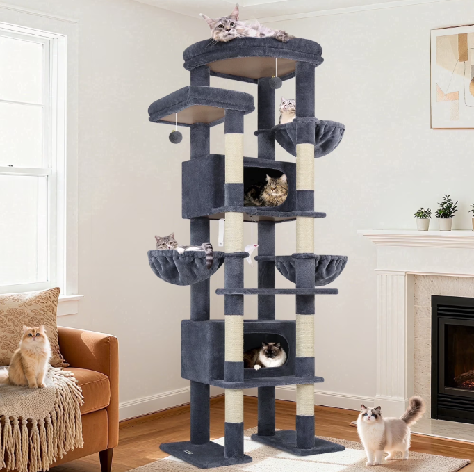 Globlazer Corner Cat Tree, 84" Multilevel Large Cat Tree Tower for Indoor Cats with 2 Cat Condos, 3 Hanging Baskets & 8 Scratching Posts, Light Gray